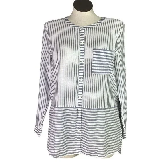 J Jill Fit Top Women L Gray White Cotton Stripe Roll Tab Sleeve High Low Tunic - Picture 1 of 11